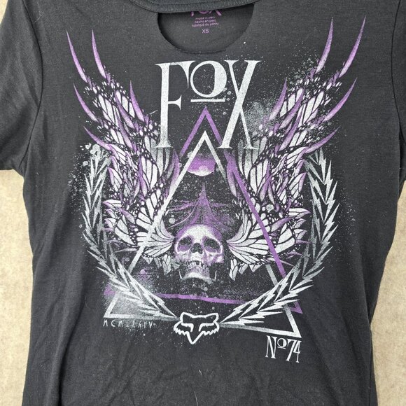 Fox Racing Graphic Skull Wings Womens Black & Purple T-Shirt XS Cotton Blend - Picture 3 of 9